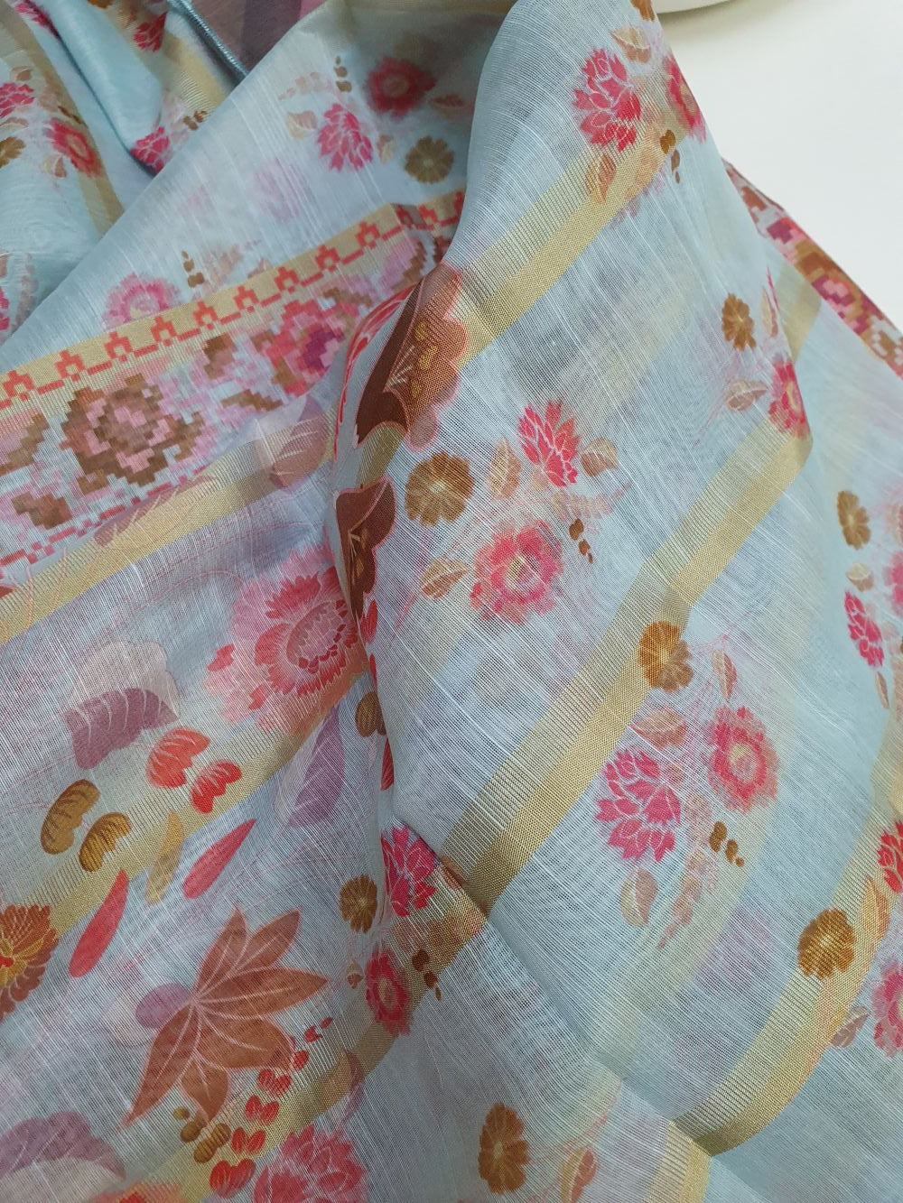 Blue Printed Munar Dupatta with Metallic Stripes-D113