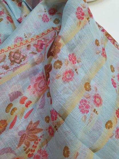 Blue Printed Munar Dupatta with Metallic Stripes-D113