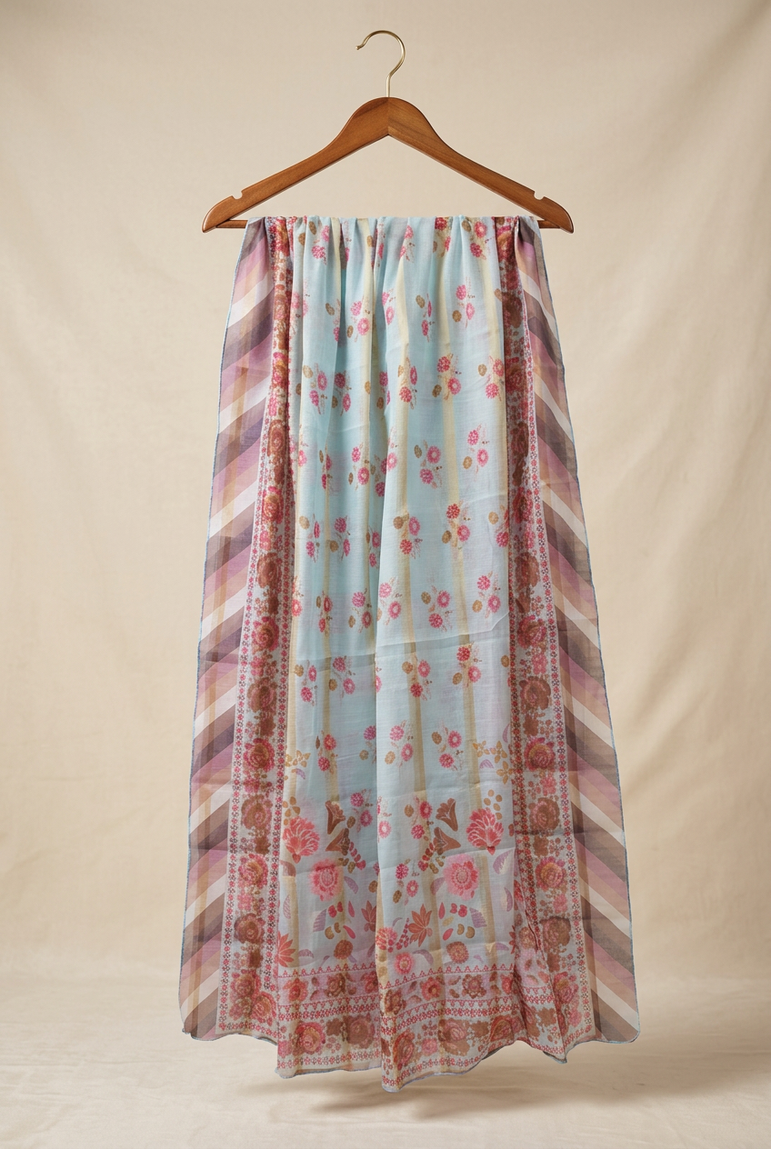 Blue Printed Munar Dupatta with Metallic Stripes-D113
