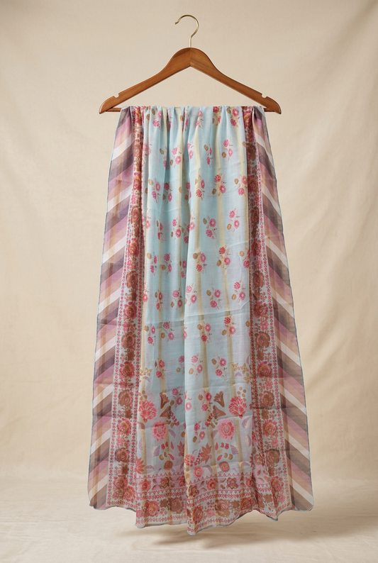 Blue Printed Munar Dupatta with Metallic Stripes-D113