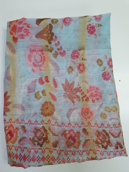Blue Printed Munar Dupatta with Metallic Stripes-D113