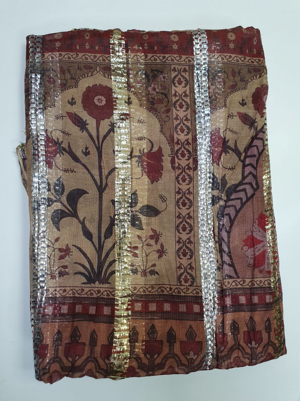 Brown Printed Munar Dupatta with Metallic Stripe Detailing-D112