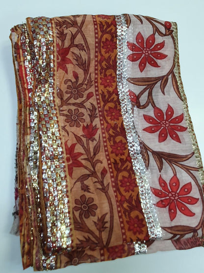 Ivory Floral Print Dupatta with Metallic Stripe Detailing-D111