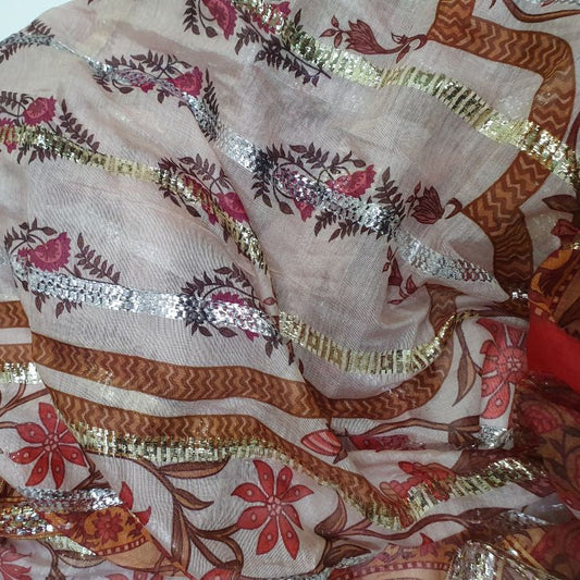 Ivory Floral Print Dupatta with Metallic Stripe Detailing-D111
