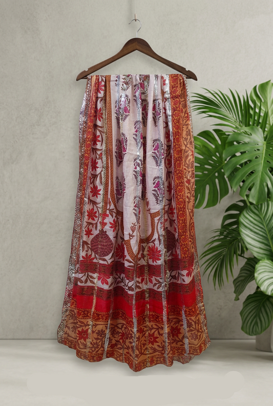 Ivory Floral Print Dupatta with Metallic Stripe Detailing-D111
