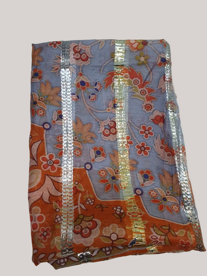 Lavender Blue Floral Print Dupatta with Metallic Stripe Detailing-D110