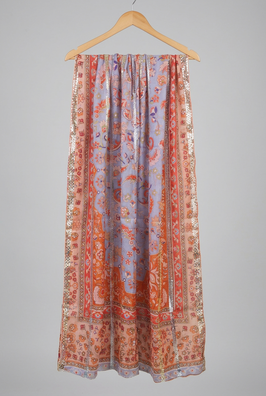 Lavender Blue Floral Print Dupatta with Metallic Stripe Detailing-D110