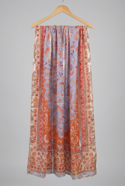 Lavender Blue Floral Print Dupatta with Metallic Stripe Detailing-D110