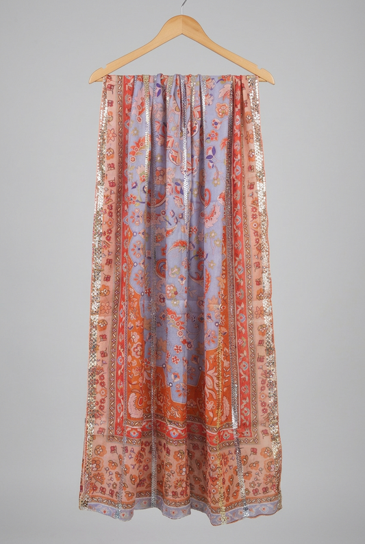 Lavender Blue Floral Print Dupatta with Metallic Stripe Detailing-D110