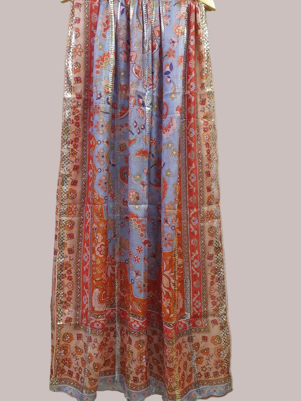 Lavender Blue Floral Print Dupatta with Metallic Stripe Detailing-D110