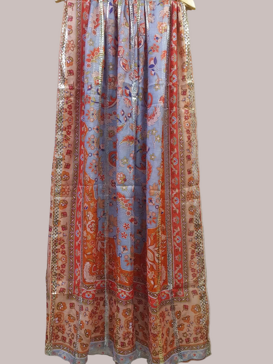 Lavender Blue Floral Print Dupatta with Metallic Stripe Detailing-D110