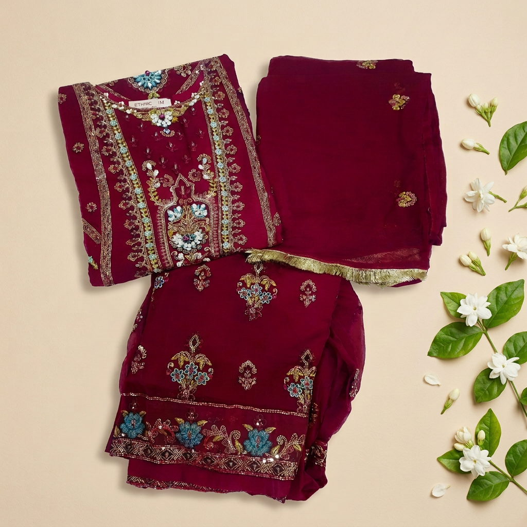 ETHNIC Inspired Maroon  Chiffon Gharara – Stitched 3pc-RW3-244