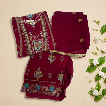 ETHNIC Inspired Maroon  Chiffon Gharara – Stitched 3pc-RW3-244