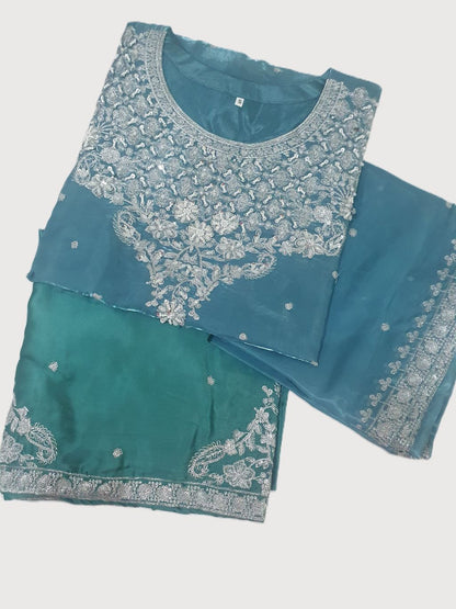 Blue Embroidered Sheesha Silk Palazzo Suit – Stitched 3pc-RW3- 231