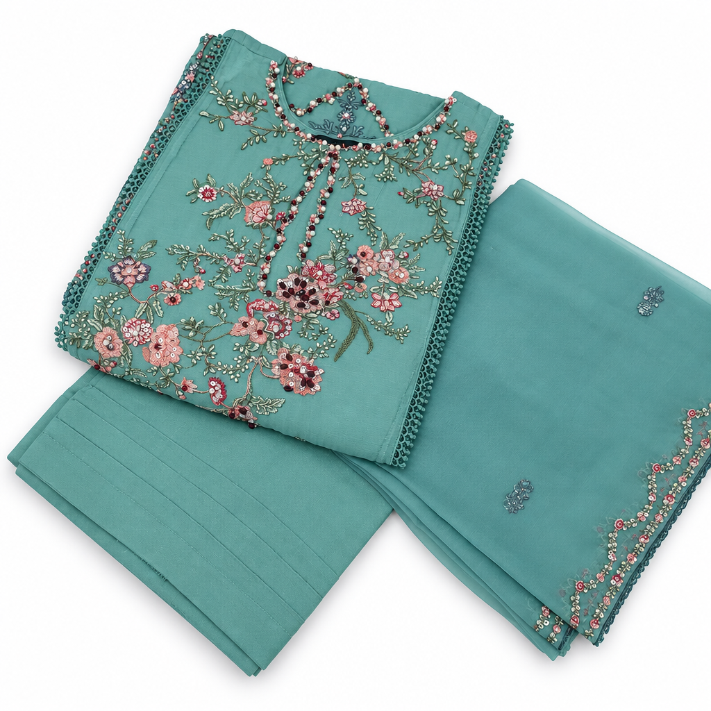 Hussain Rehar Inspired Green Chiffon Embroidered Frock – Stitched 3pc-RW3-240