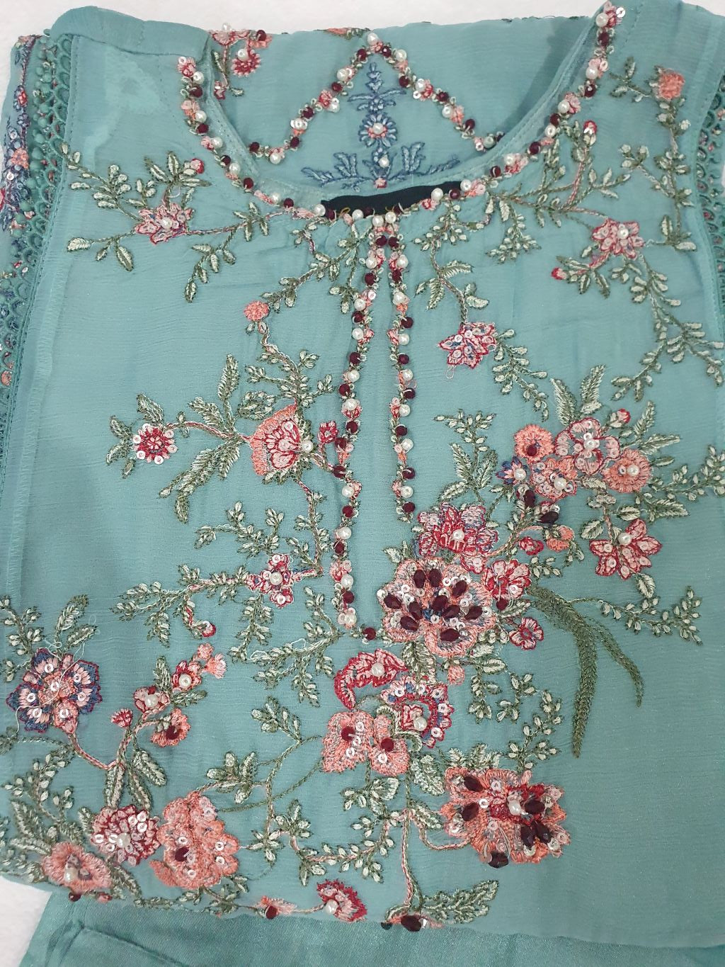 Hussain Rehar Inspired Green Chiffon Embroidered Frock – Stitched 3pc-RW3-240