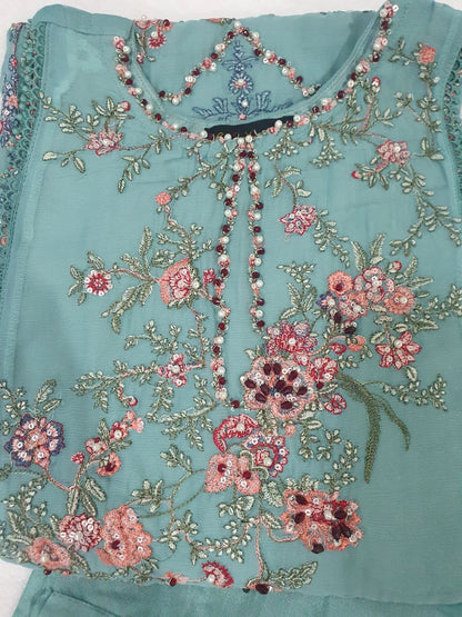 Hussain Rehar Inspired Green Chiffon Embroidered Frock – Stitched 3pc-RW3-240