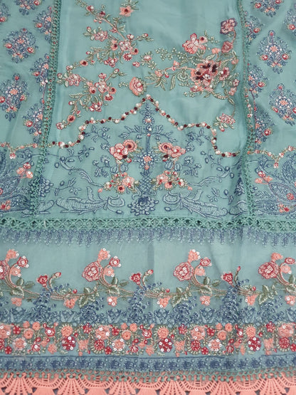 Hussain Rehar Inspired Green Chiffon Embroidered Frock – Stitched 3pc-RW3-240