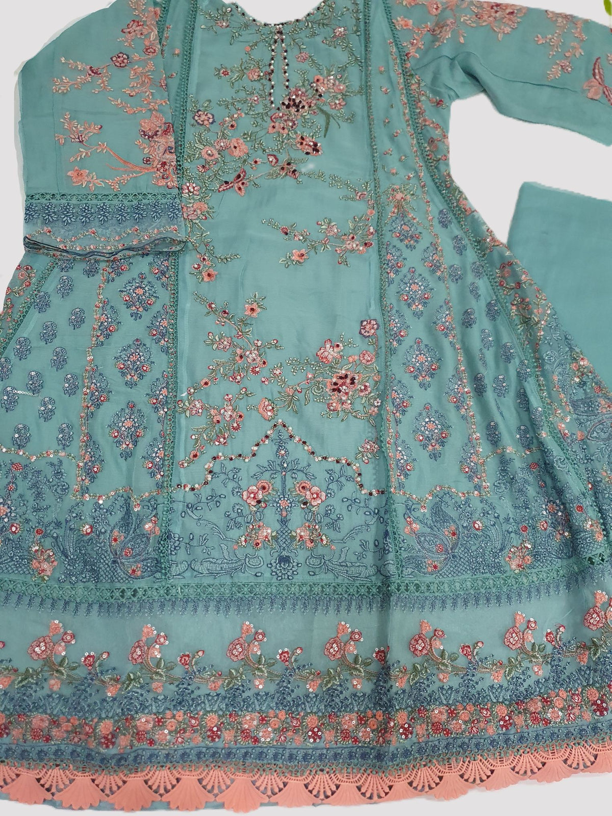 Hussain Rehar Inspired Green Chiffon Embroidered Frock – Stitched 3pc-RW3-240