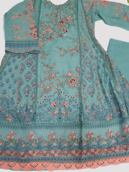 Hussain Rehar Inspired Green Chiffon Embroidered Frock – Stitched 3pc-RW3-240