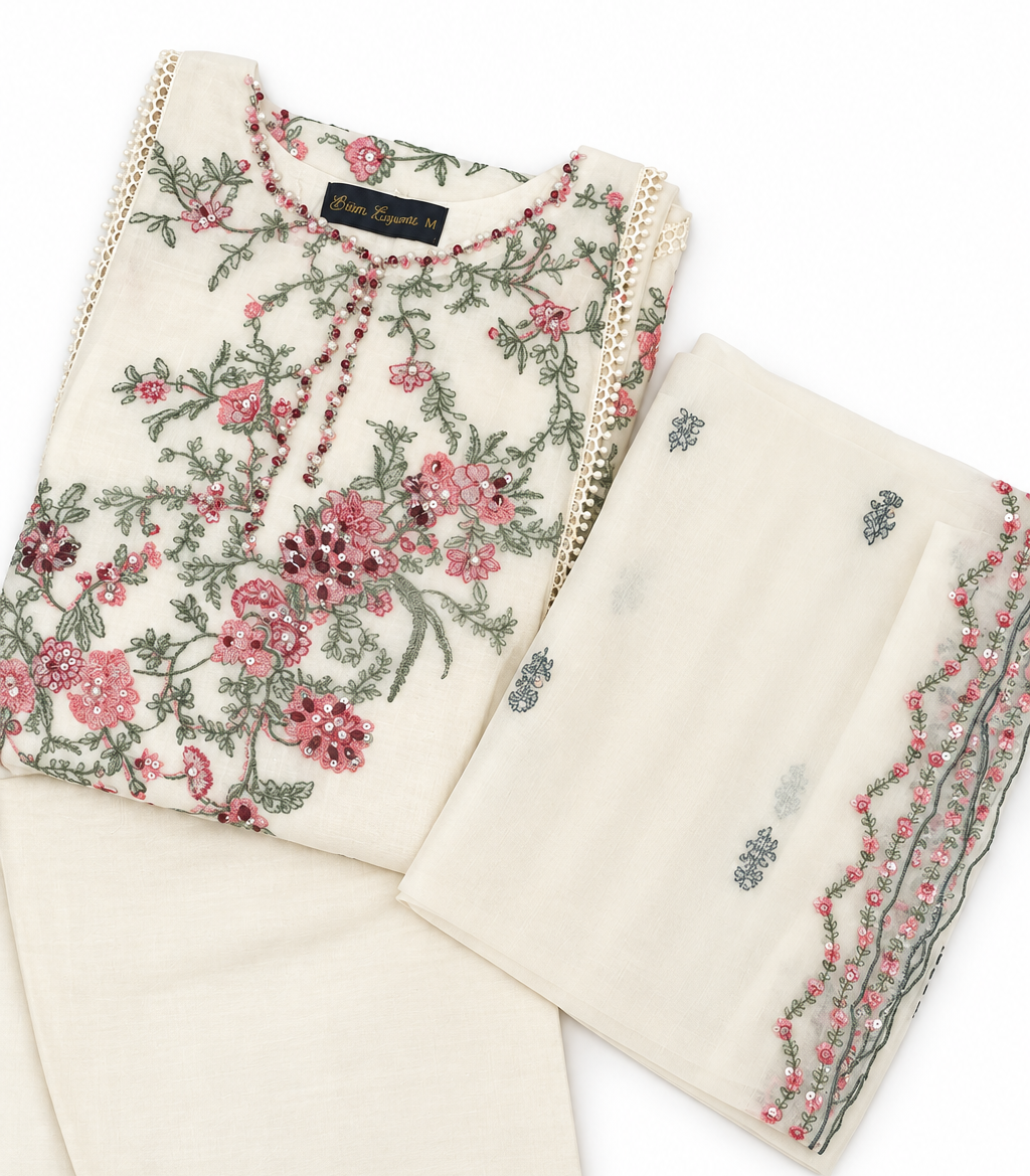 Hussain Rehar Inspired Cream Chiffon Embroidered Frock – Stitched 3pc-RW3-241
