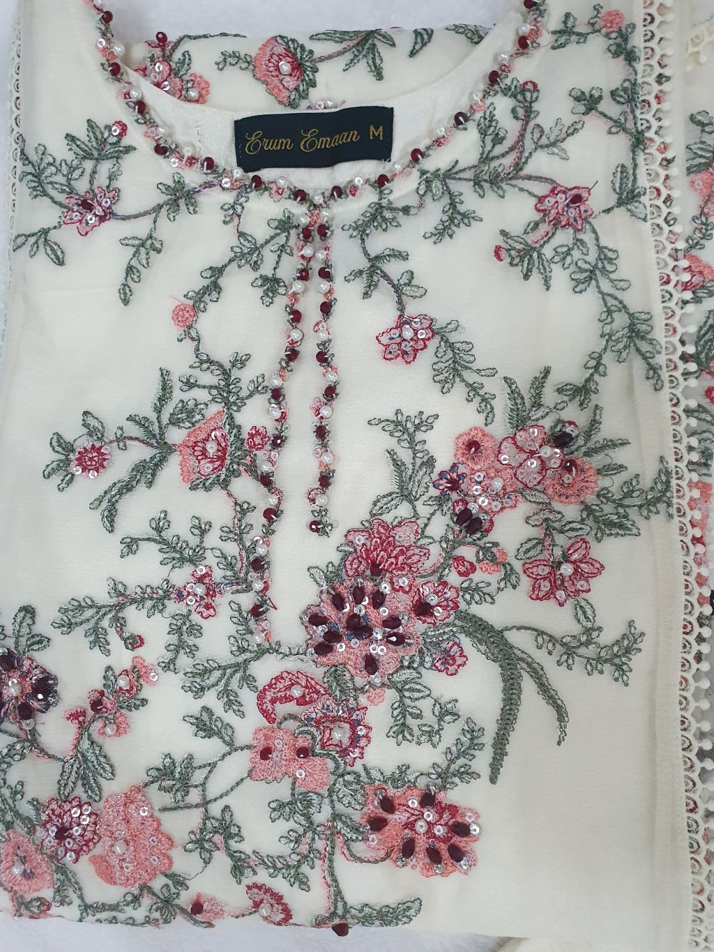 Hussain Rehar Inspired Cream Chiffon Embroidered Frock – Stitched 3pc-RW3-241