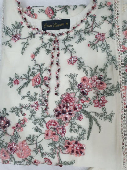 Hussain Rehar Inspired Cream Chiffon Embroidered Frock – Stitched 3pc-RW3-241