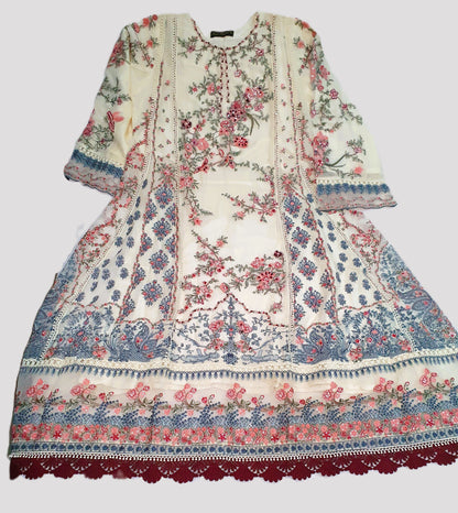 Hussain Rehar Inspired Cream Chiffon Embroidered Frock – Stitched 3pc-RW3-241
