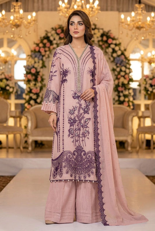 Maria B Inspired Pink Embroidered Chiffon Suit – Stitched 3pc-RW3-160
