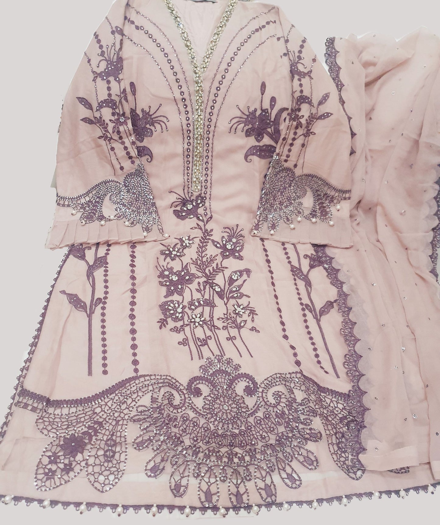 Maria B Inspired Pink Embroidered Chiffon Suit – Stitched 3pc-RW3-160
