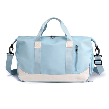 A blue and white duffel bag with a main compartment and a shoe compartment, featuring a zipper closure and a handle.