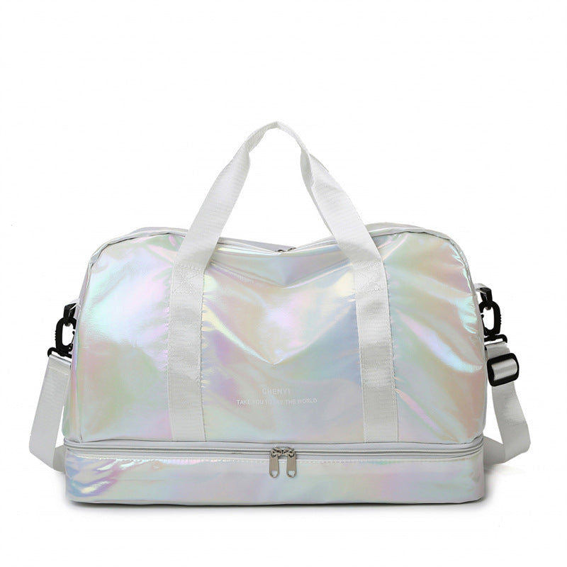 White Iridescent Travel Duffel Bag with Shoe Compartment 