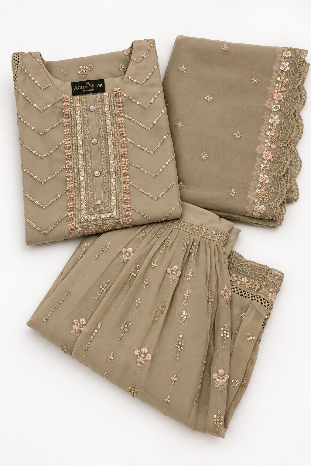 Agha Noor Inspired Skin Chiffon Gharara – Stitched 3pc-RW3-238