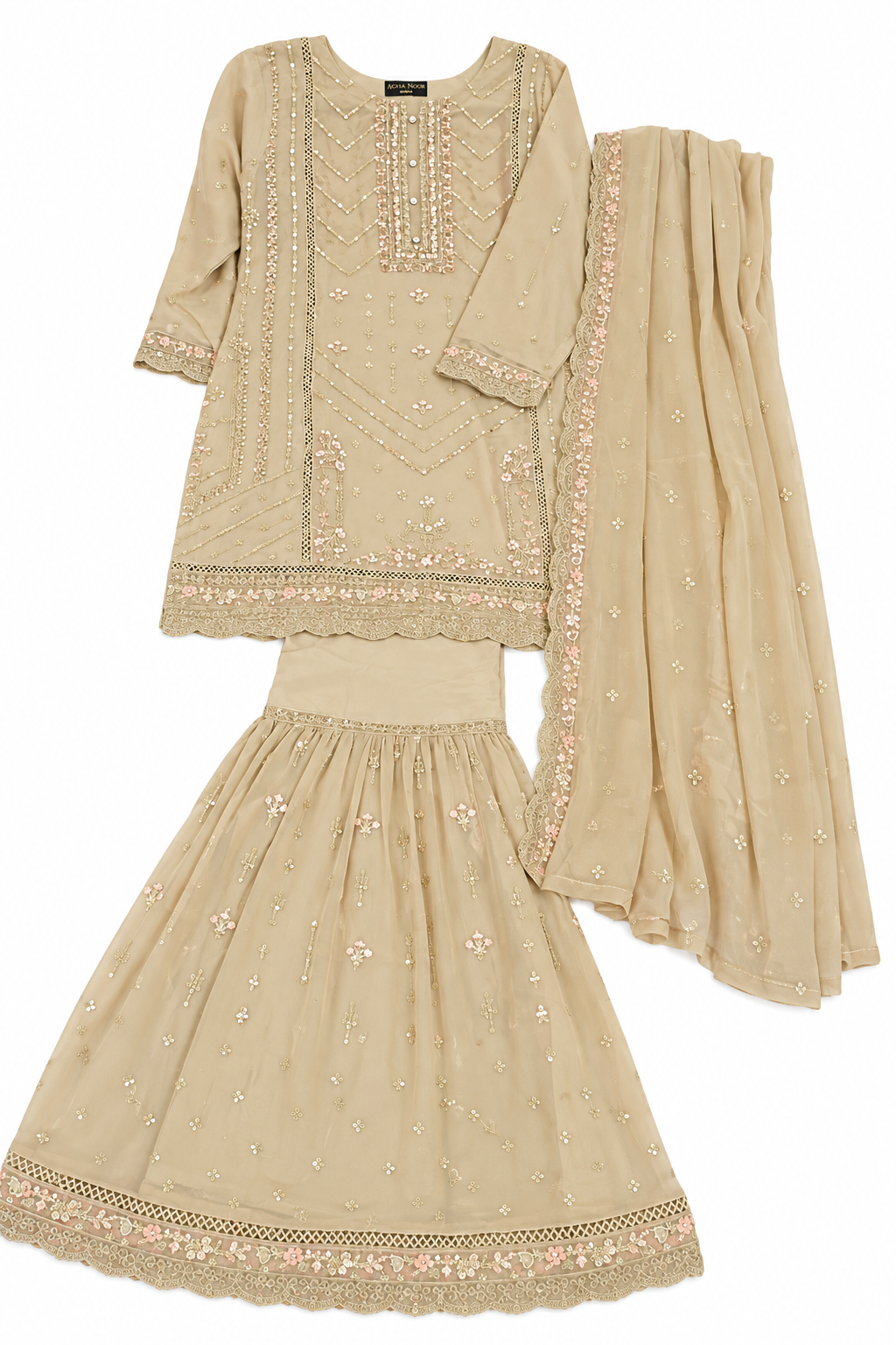 Agha Noor Inspired Skin Chiffon Gharara – Stitched 3pc-RW3-238