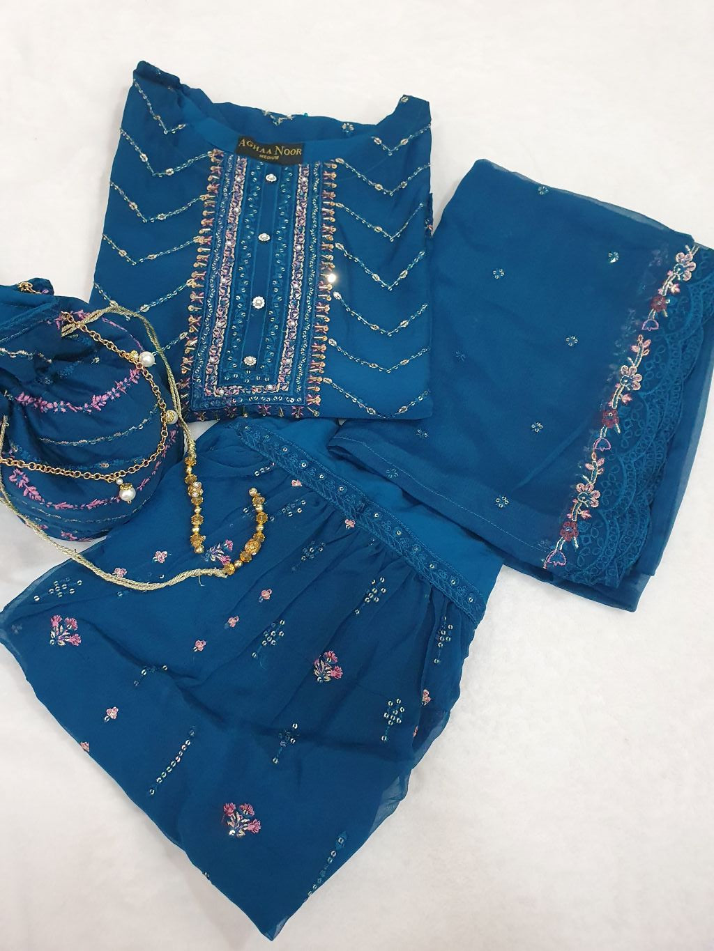 Agha Noor Inspired Teal Chiffon Gharara – Stitched 3pc-RW3-239