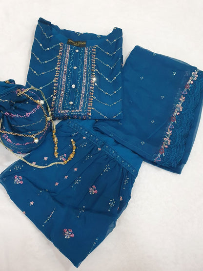 Agha Noor Inspired Teal Chiffon Gharara – Stitched 3pc-RW3-239