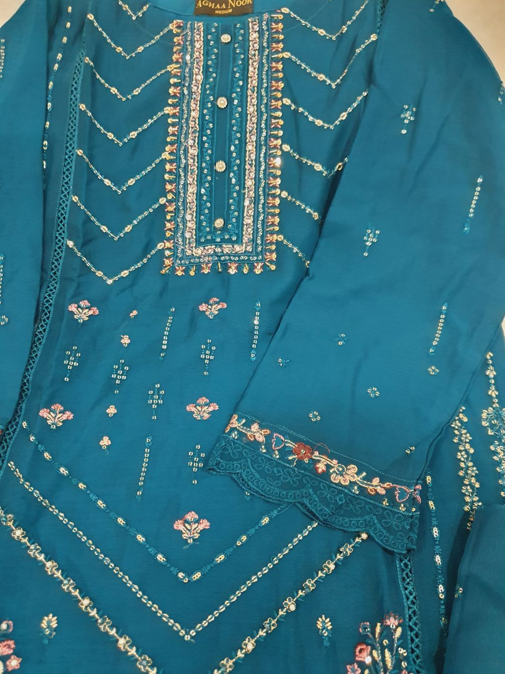 Agha Noor Inspired Teal Chiffon Gharara – Stitched 3pc-RW3-239