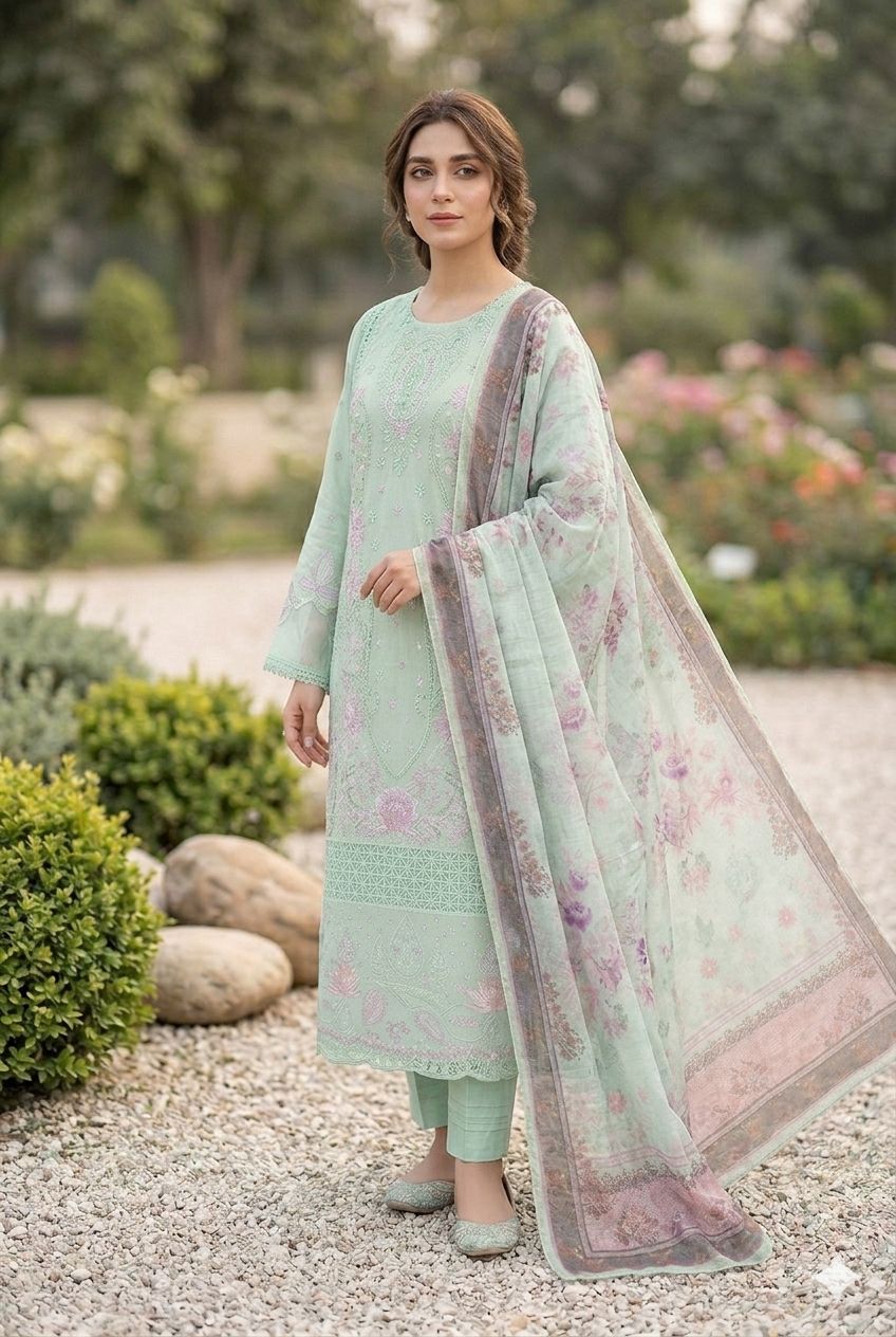 Agha Noor Inspired Mint Green Embroidered Cotton Lawn Suit – Stitched 3pc-RW3-130