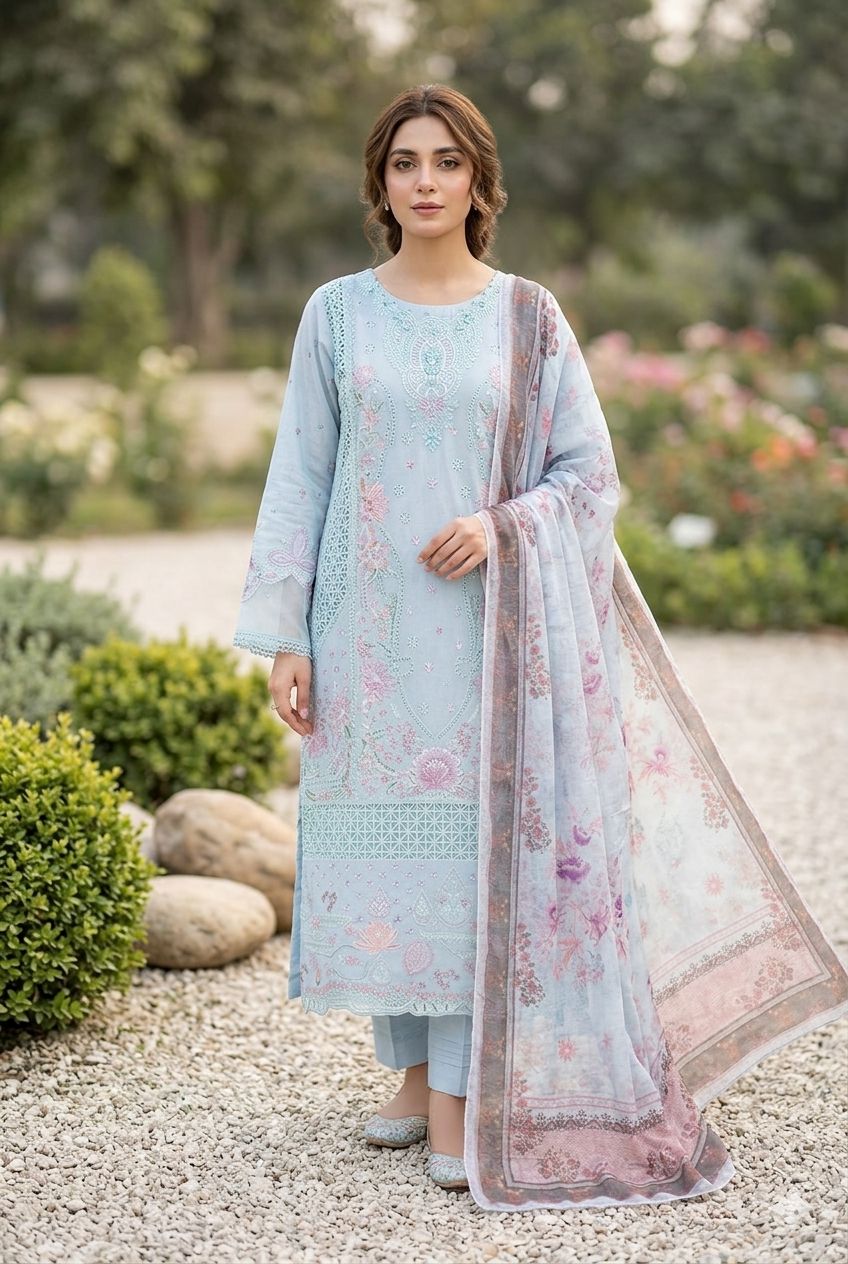 Agha Noor Inspired Blue Embroidered Cotton Lawn Suit – Stitched 3pc-RW3-132