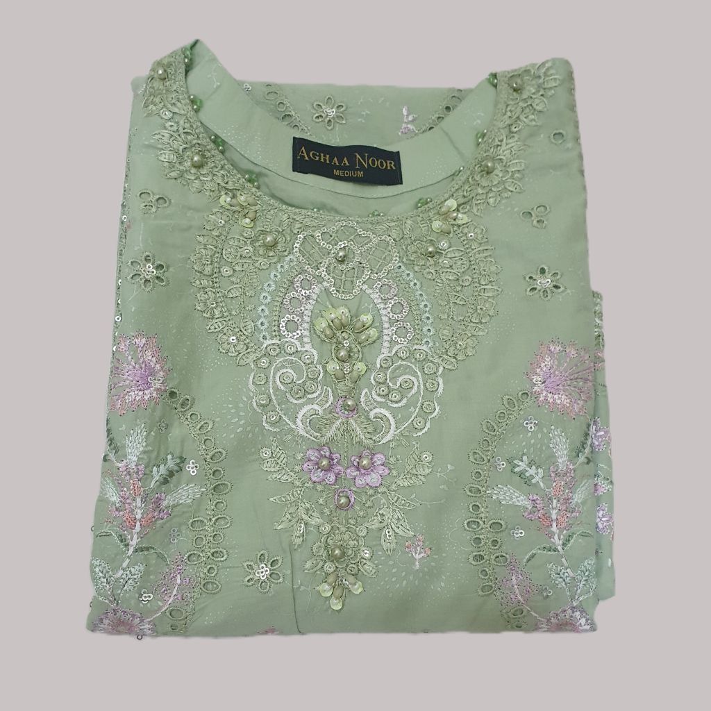 Agha Noor Inspired Mint Green Embroidered Cotton Lawn Suit – Stitched 3pc-RW3-130