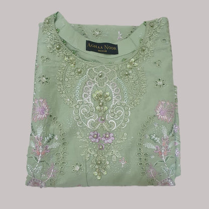 Agha Noor Inspired Mint Green Embroidered Cotton Lawn Suit – Stitched 3pc-RW3-130