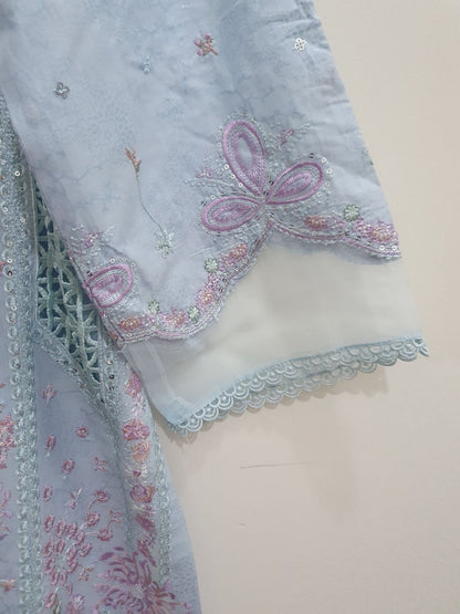 Agha Noor Inspired Blue Embroidered Cotton Lawn Suit – Stitched 3pc-RW3-132