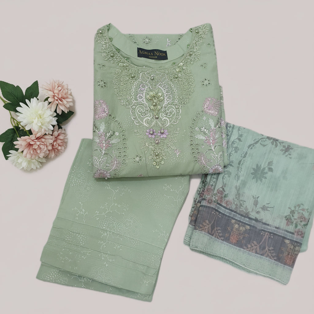Agha Noor Inspired Mint Green Embroidered Cotton Lawn Suit – Stitched 3pc-RW3-130