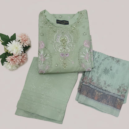 Agha Noor Inspired Mint Green Embroidered Cotton Lawn Suit – Stitched 3pc-RW3-130