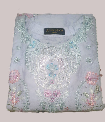 Agha Noor Inspired Blue Embroidered Cotton Lawn Suit – Stitched 3pc-RW3-132