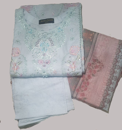 Agha Noor Inspired Blue Embroidered Cotton Lawn Suit – Stitched 3pc-RW3-132