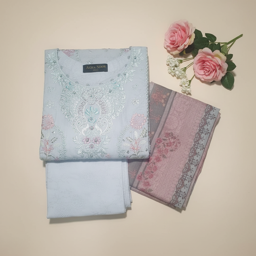 Agha Noor Inspired Blue Embroidered Cotton Lawn Suit – Stitched 3pc-RW3-132