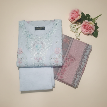 Agha Noor Inspired Blue Embroidered Cotton Lawn Suit – Stitched 3pc-RW3-132