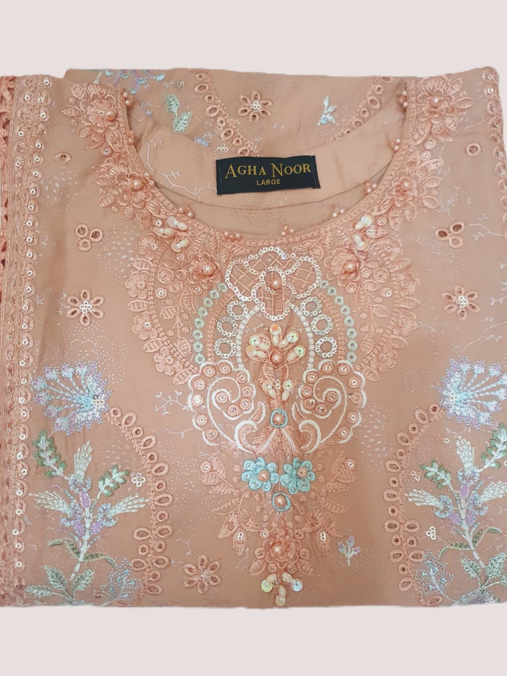 Agha Noor Inspired Peach Embroidered Cotton Lawn Suit – Stitched 3pc-RW3-131