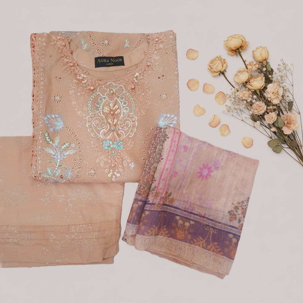 Agha Noor Inspired Peach Embroidered Cotton Lawn Suit – Stitched 3pc-RW3-131